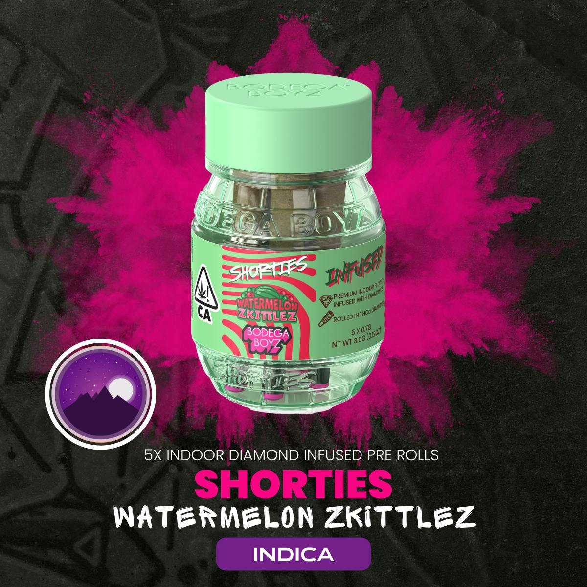 Photograph of product: Bodega Boyz | Shorties Infused Preroll (3.5g-5pk) Watermelon Zkittlez (I)