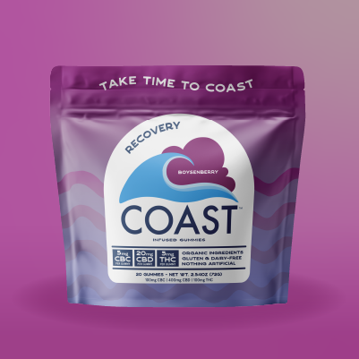Photograph of product: Coast Boysenberry 1:4:1 CBC:CBD:TH-oui Chews 5mg (20ct)