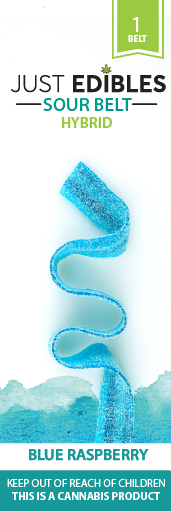 Photograph of product: Just Edibles Sour Long Belt Blue Raspberry 100mg