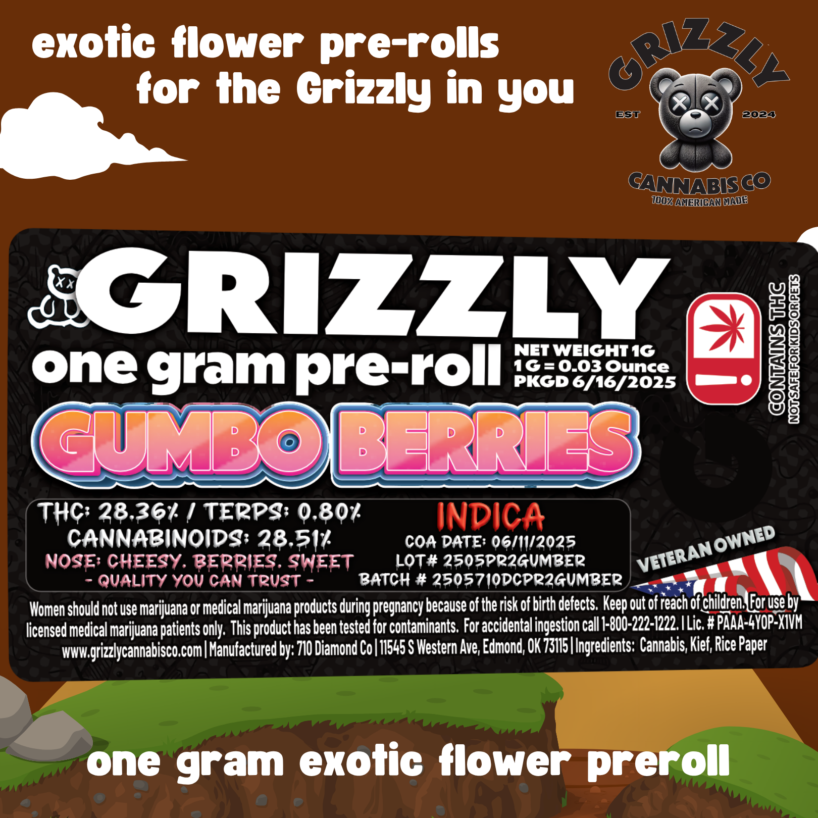 Photograph of Product: Grizzly- Pre-Roll-Gumbo Berries - 1g