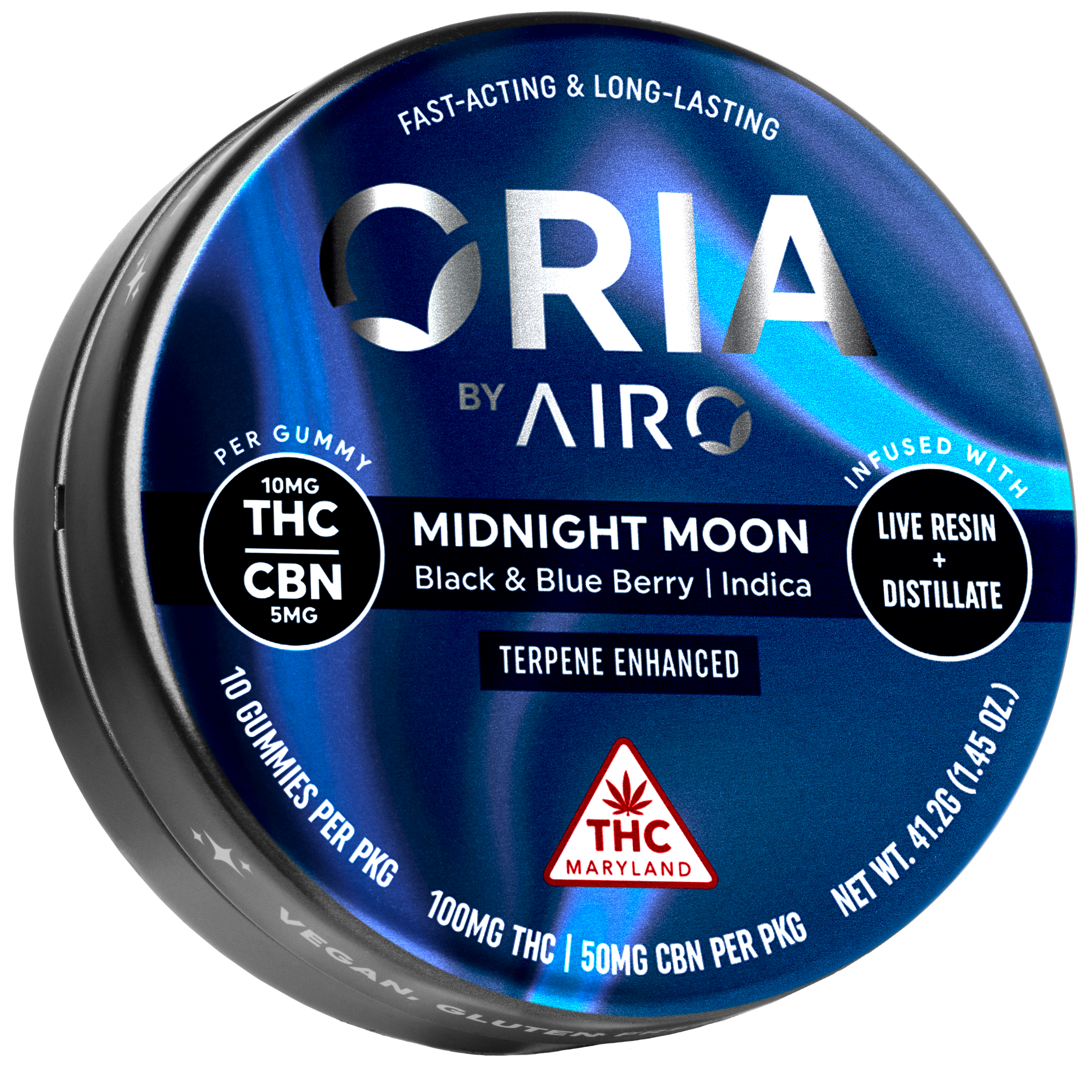 Photograph of product: Oria by Airo: Midnight Moon 2:1 TH-oui:CBN Gummies 100mg