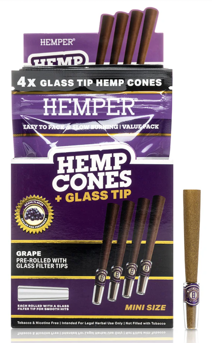 Photograph of product: HEMPER GRAPE MINI HEMP CONES W/ GLASS TIPS 4PK