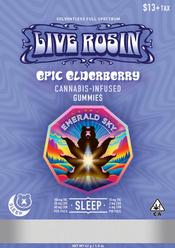 Photograph of product: Emerald Sky | Epic Elderberry Sleep 10:2:4 TH-oui:CBD:CBN Rosin Gummy | 100mg TH-oui/20mg CBD/40mg CBN