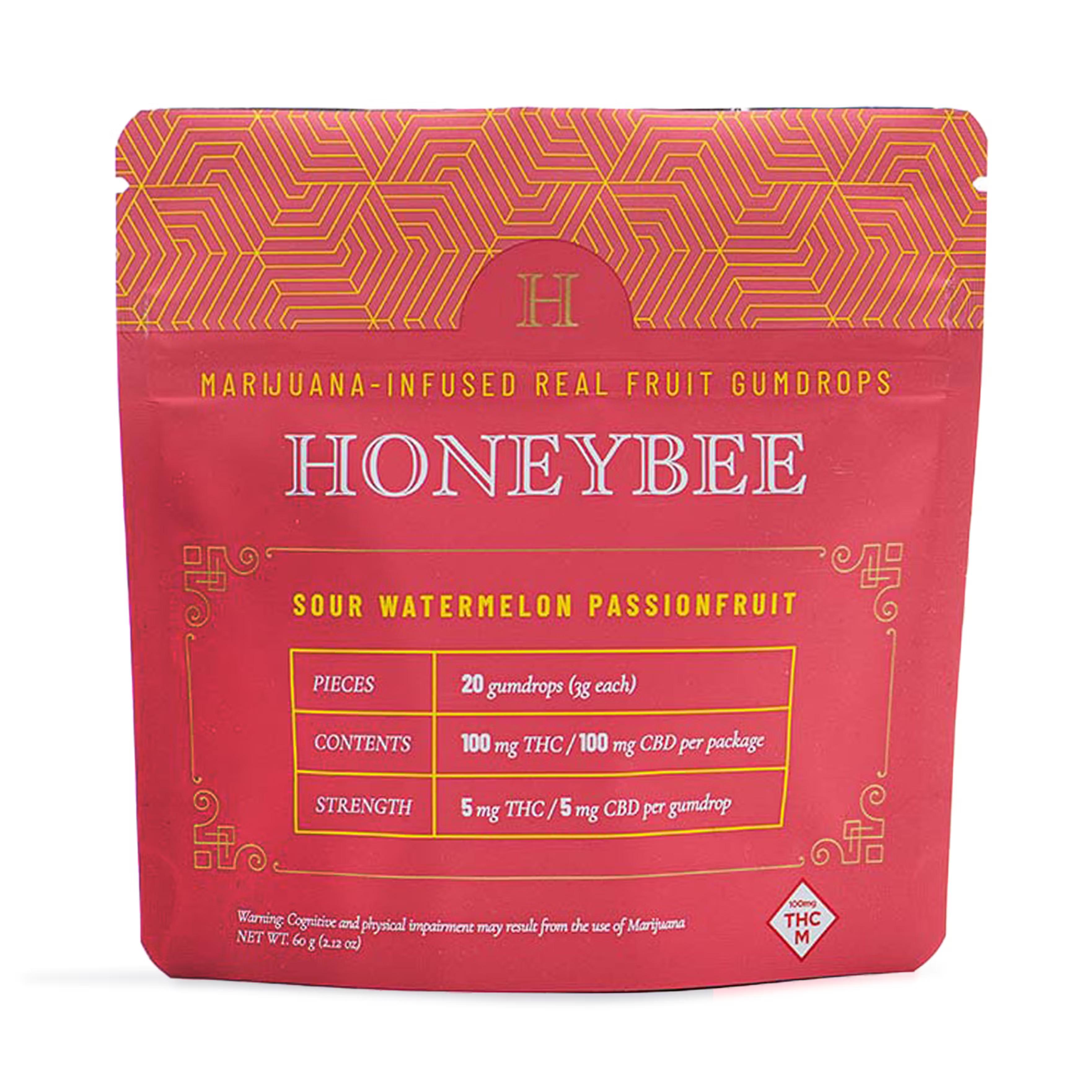 Photograph of product: HONEYBEE - 1:1 TH-oui:CBD SOUR WATERMELON PASSIONFRUIT 20PK 100MG HYBRID