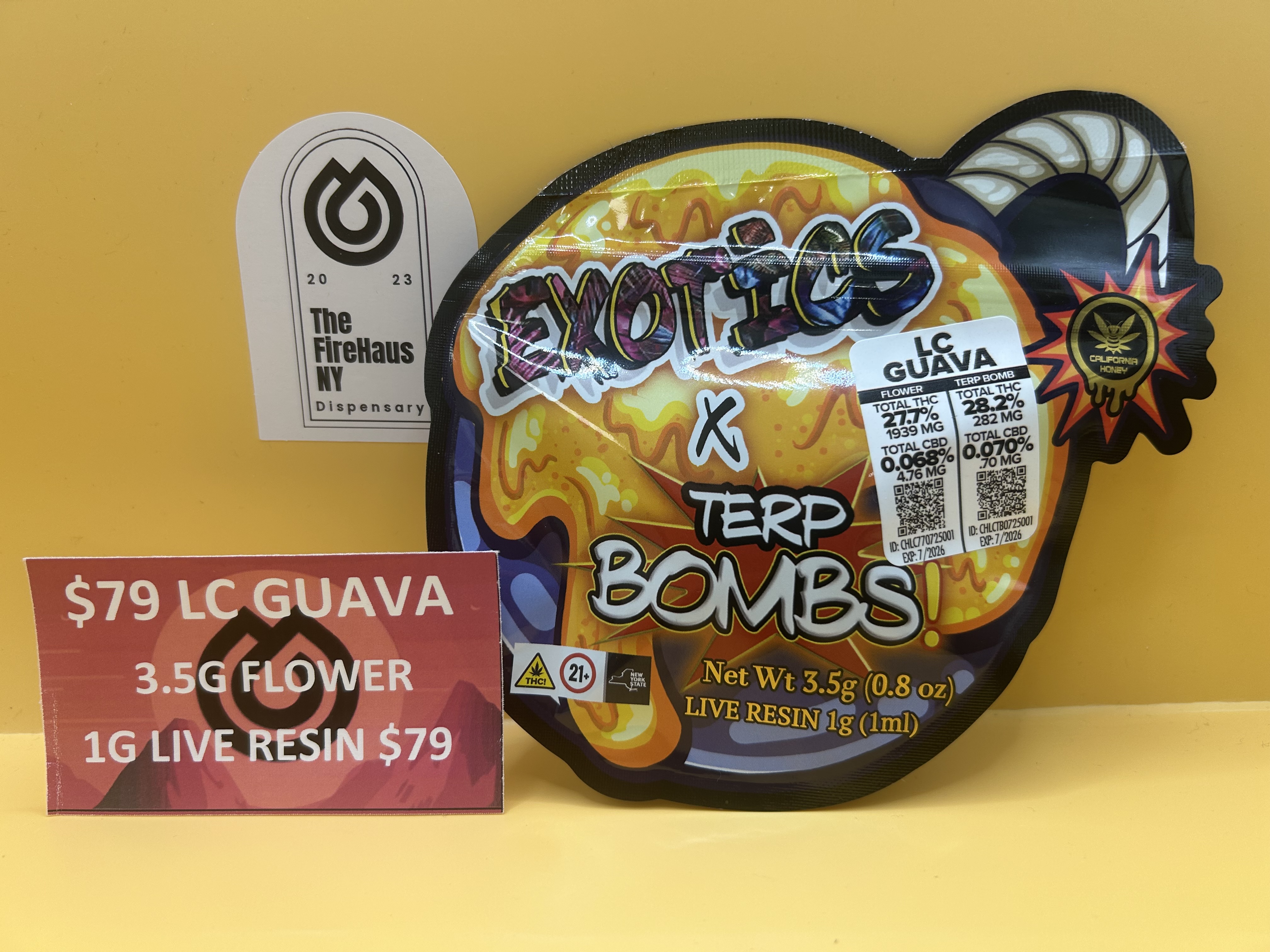 Photograph of product: CALI HONEY I EXOTICS X TERP BOMBS I LC GUAVA I HYBRID |  3.5G FLOWER/1G LIVE RESIN