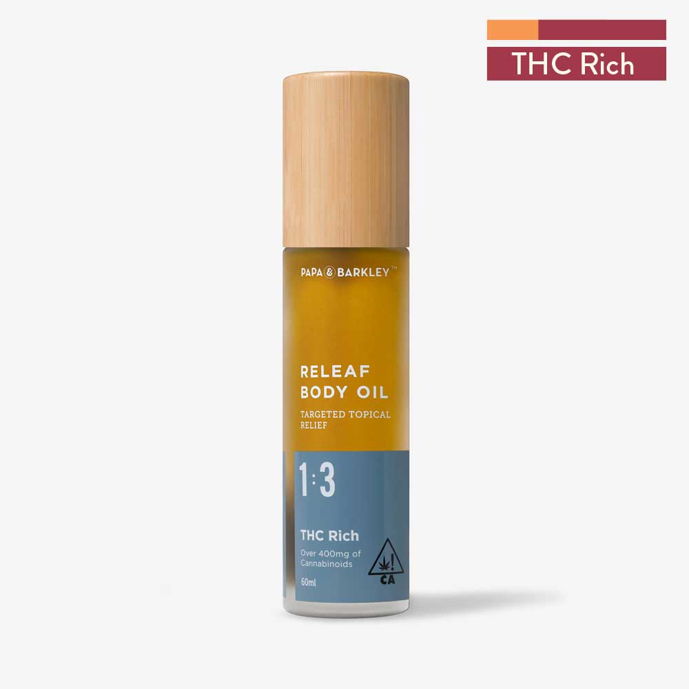 Photograph of Product: THC Rich 1:3 CBD:THC Releaf BODY OIL 400mg 60ml - Papa & Barkley