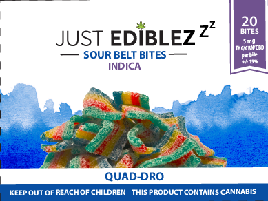 Photograph of product: Just Edibles Sour Belt Bites Quad-Dro SLEEP 100mg 20pk