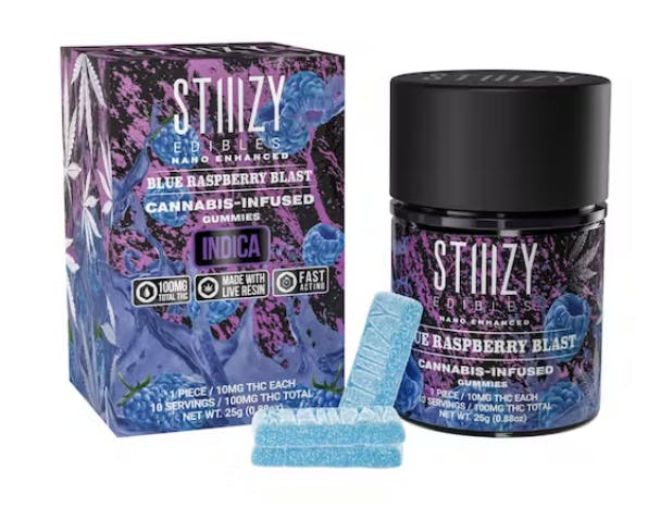 Photograph of product: BLUE RASPBERRY BLAST GUMMIES - 100MG - Oui'd - STIIIZY
