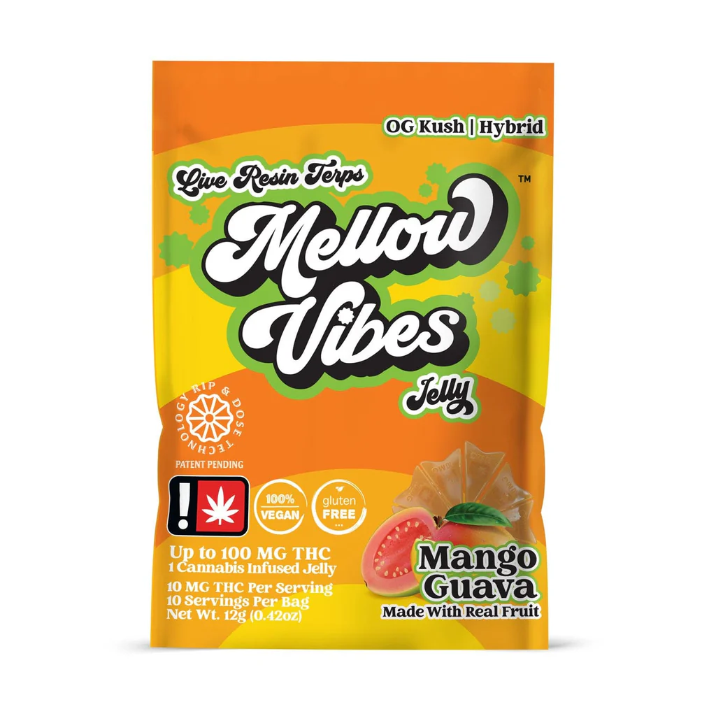 Photograph of product: Mellow Vibez: Mango Guava Gummies - 10 Pieces/100mg (Hybrid)