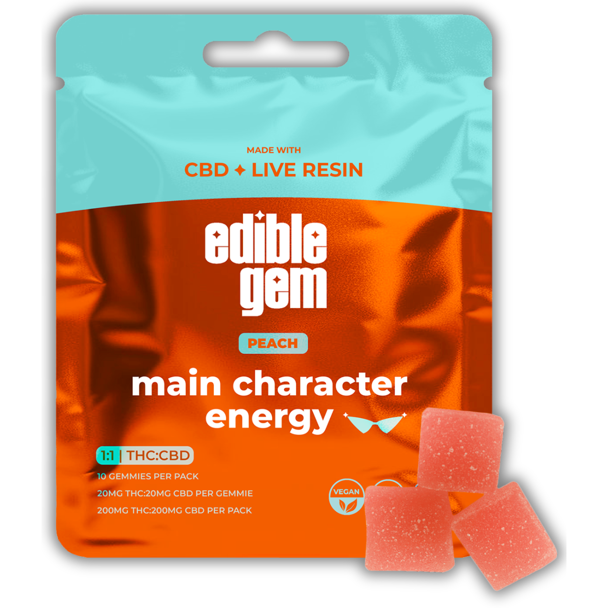 Photograph of product: Edible Gem | Live Resin Gummy | Peach | 1:1 TH-oui:CBD | 200mg