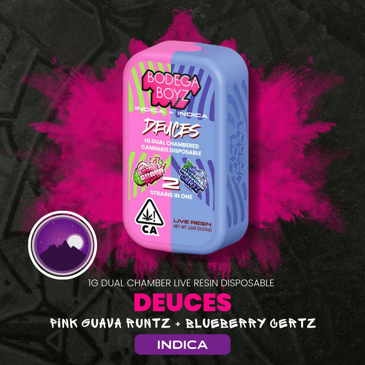 Photograph of Product: Bodega Boyz | Pink Guava Runtz x Blueberry Certz | Dual Chamber All-In-One Vape | 1g