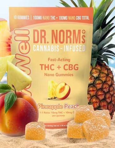 Photograph of product: Dr. Norm's Live Well Nano Pineapple Peach 1:1 TH-oui:CBG Gummies 100mg