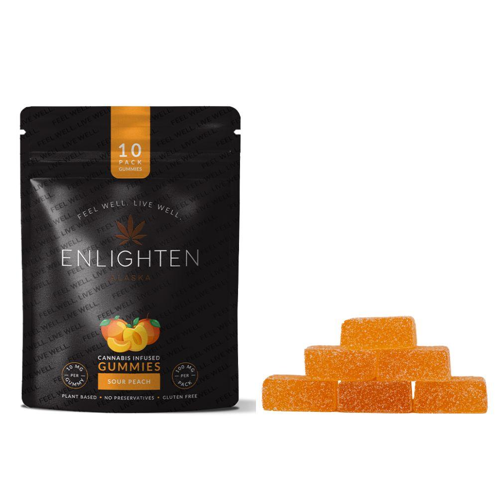 Photograph of product: Sour Peach Gummies 100mg 10 pack - Bargain Bites