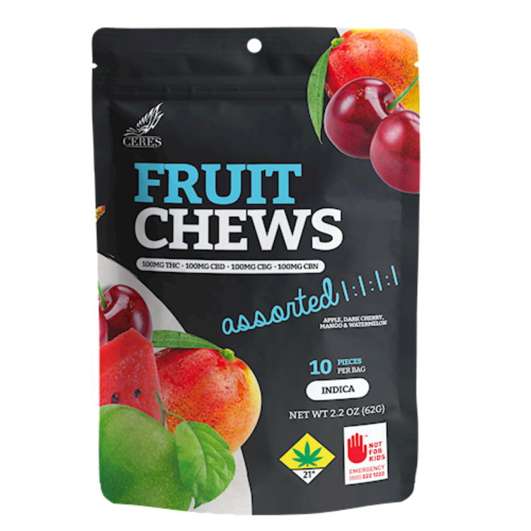 Photograph of product: CERES Fruit Chews 1:1:1:1 TH-oui:CBD:CBG:CBN 400mg - Assorted Oui'd 10pk 2.2oz