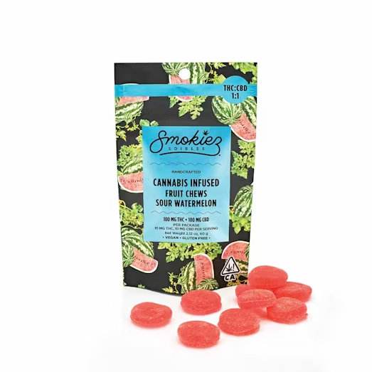 Photograph of product: 1:1 SOUR WATERMELON GUMMIES 10 PACK 100MG