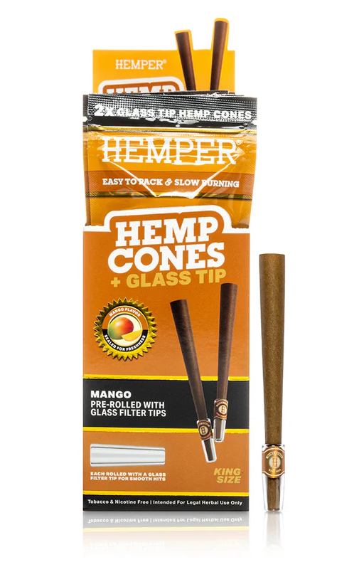 Photograph of product: Accessories | Hemper | King Size Hemp Cones + Glass Tip | Mango | 2pk