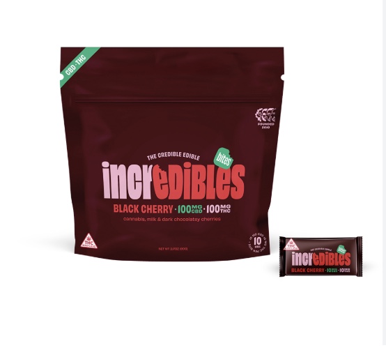 Photograph of product: Black Cherry 1:1 [10mg CBD: 10mg TH-oui] Chocolate Bites || Incredibles