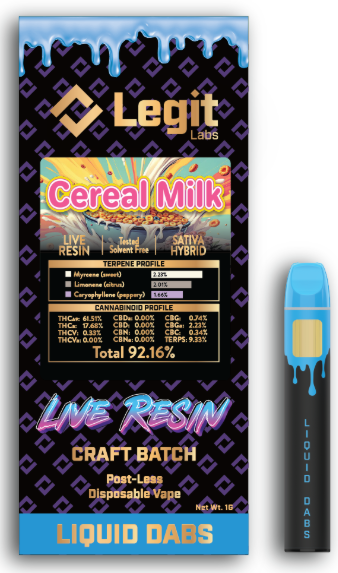 Photograph of product: Cereal Milk | Post-Less Disposable | Live Resin | Legit Labs
