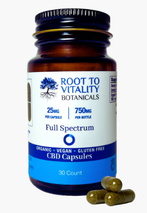 Photograph of product: Root to Vitality | Organic Vegan | Capsules | 750MG CBD (25MG ea)