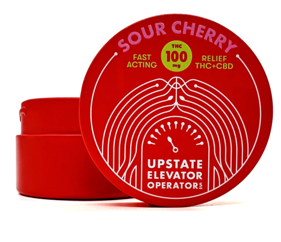 Photograph of product: Upstate Elevator | Fast-Acting Relief Gummies | 10mg TH-oui: 10mg CBD | 10 pack | Sour Cherry