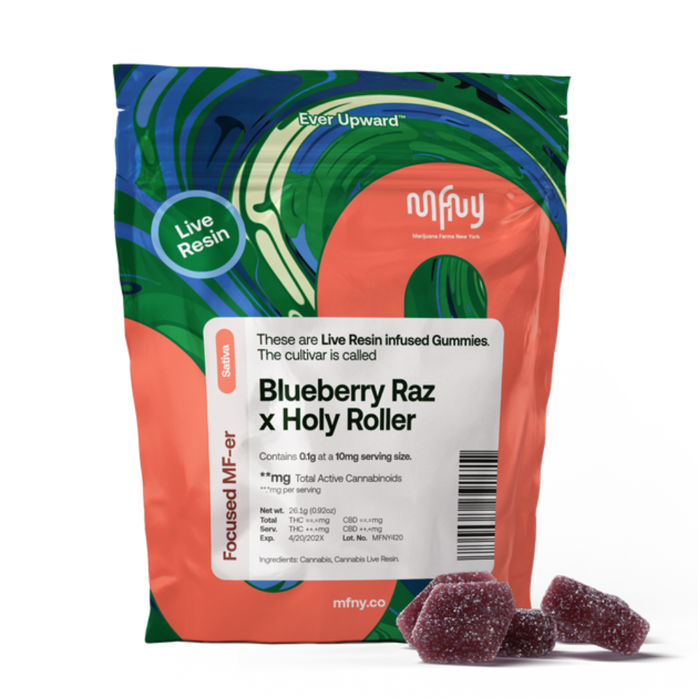 Photograph of product: MFNY | Blueberry Raz x Holy Roller Live Resin | Gummies | 10pk | 100mg