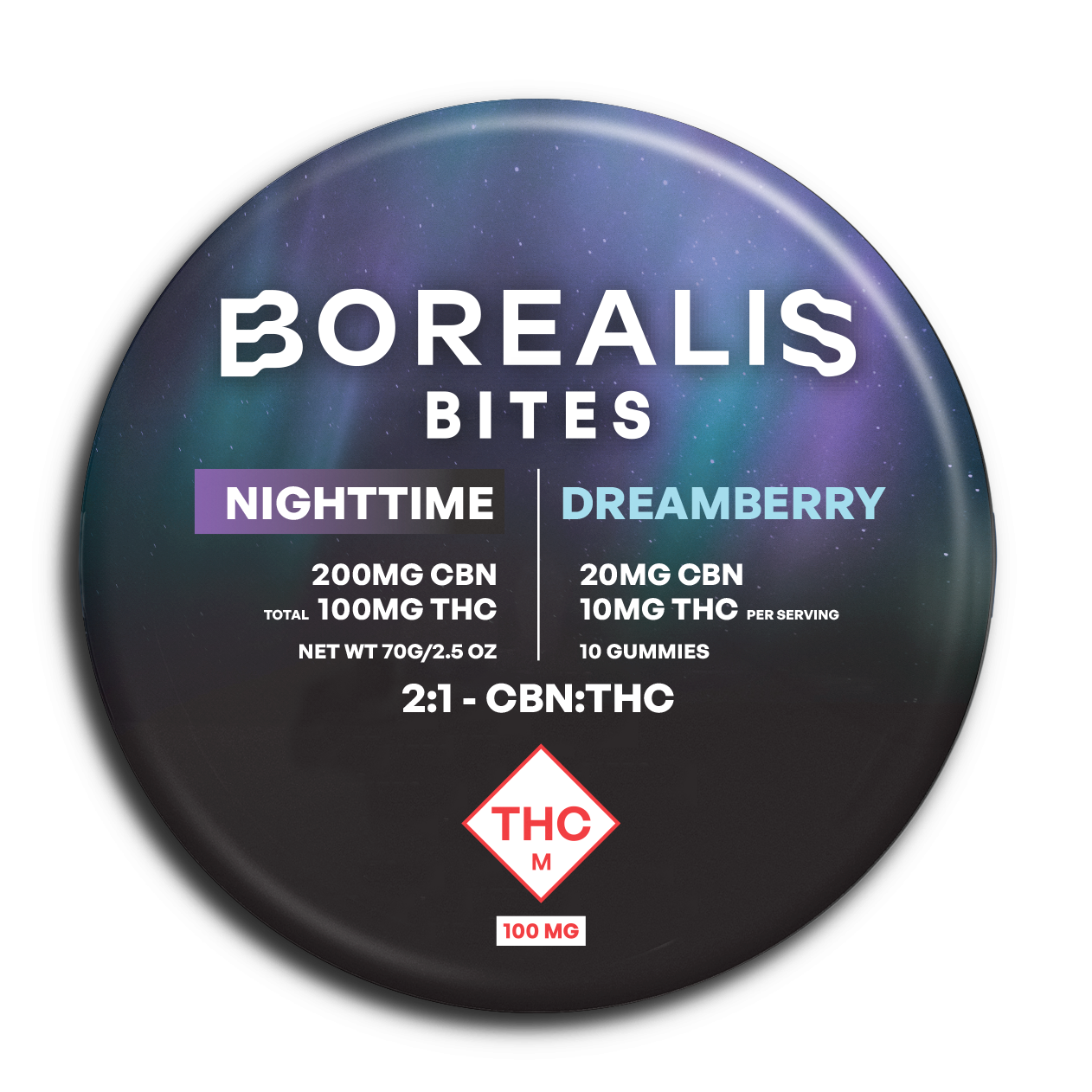 Photograph of product: 1:2 TH-oui/CBN Dreamberry - Borealis Bites - 100mg Gummies
