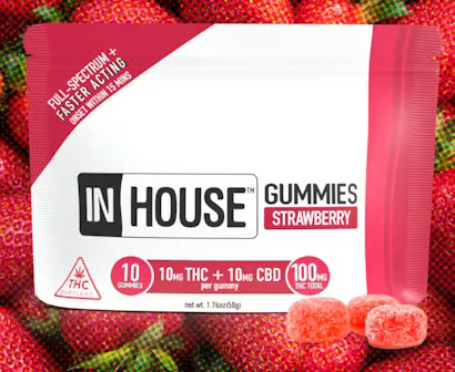 Photograph of product: IN HOUSE Gummies 100mg: Strawberry 1:1 TH-oui:CBD 10pc