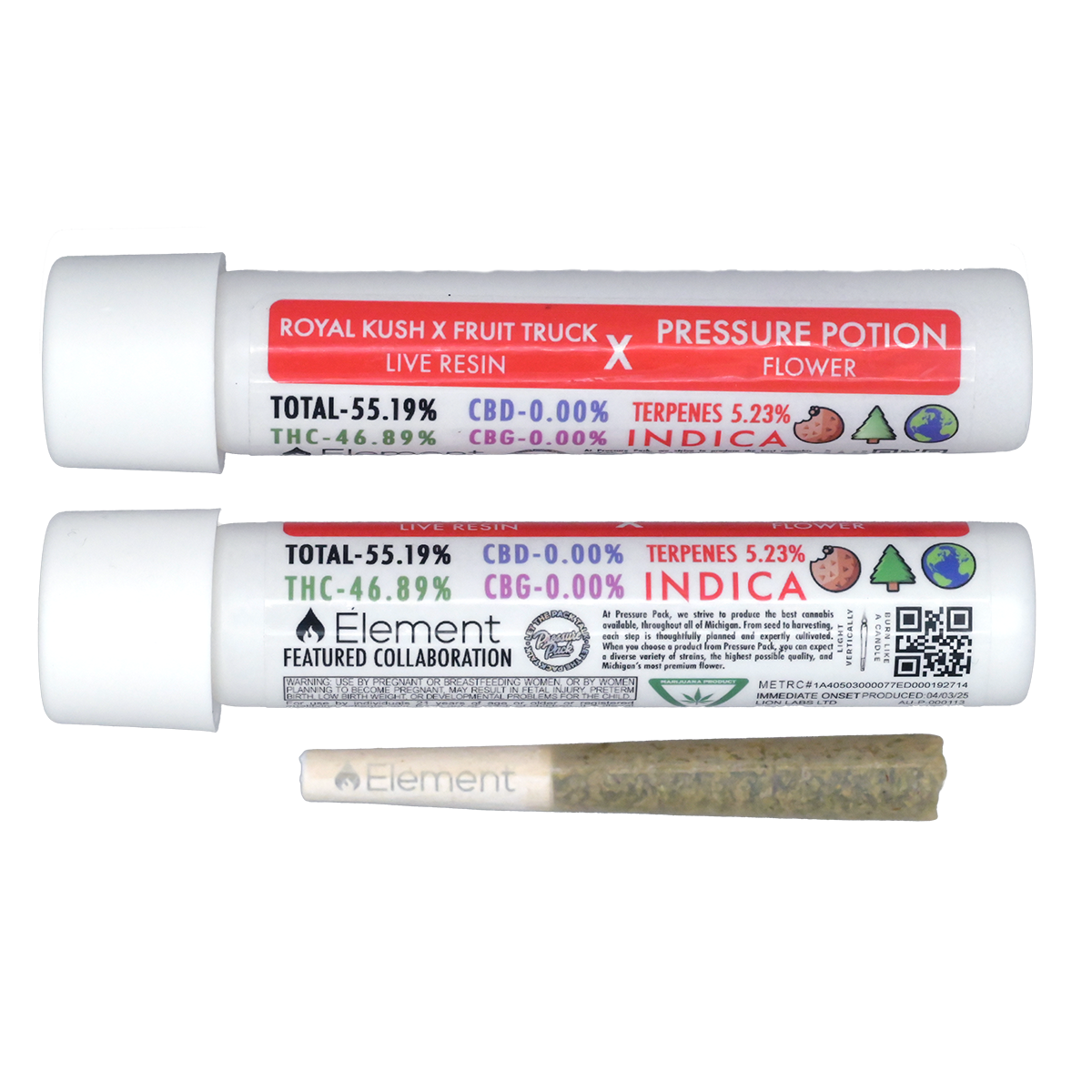 Photograph of product: Element | Pressure Potion x Royal Kush x Fruit Truck | Live Resin Preroll - Single (1 Gram)