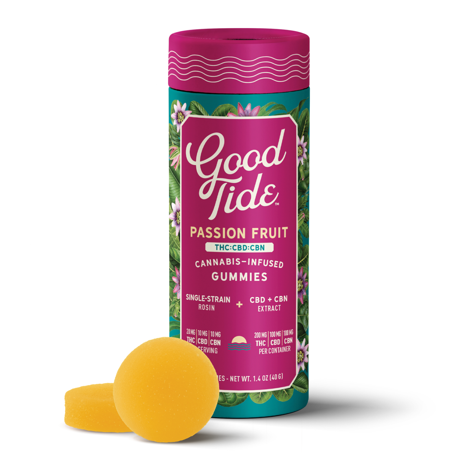 Photograph of product: Good Tide | Passion Fruit 2:1:1 SLEEP | TH-oui:CBD:CBN au chocolat Rosin Gummies | 200mg:100mg:100mg