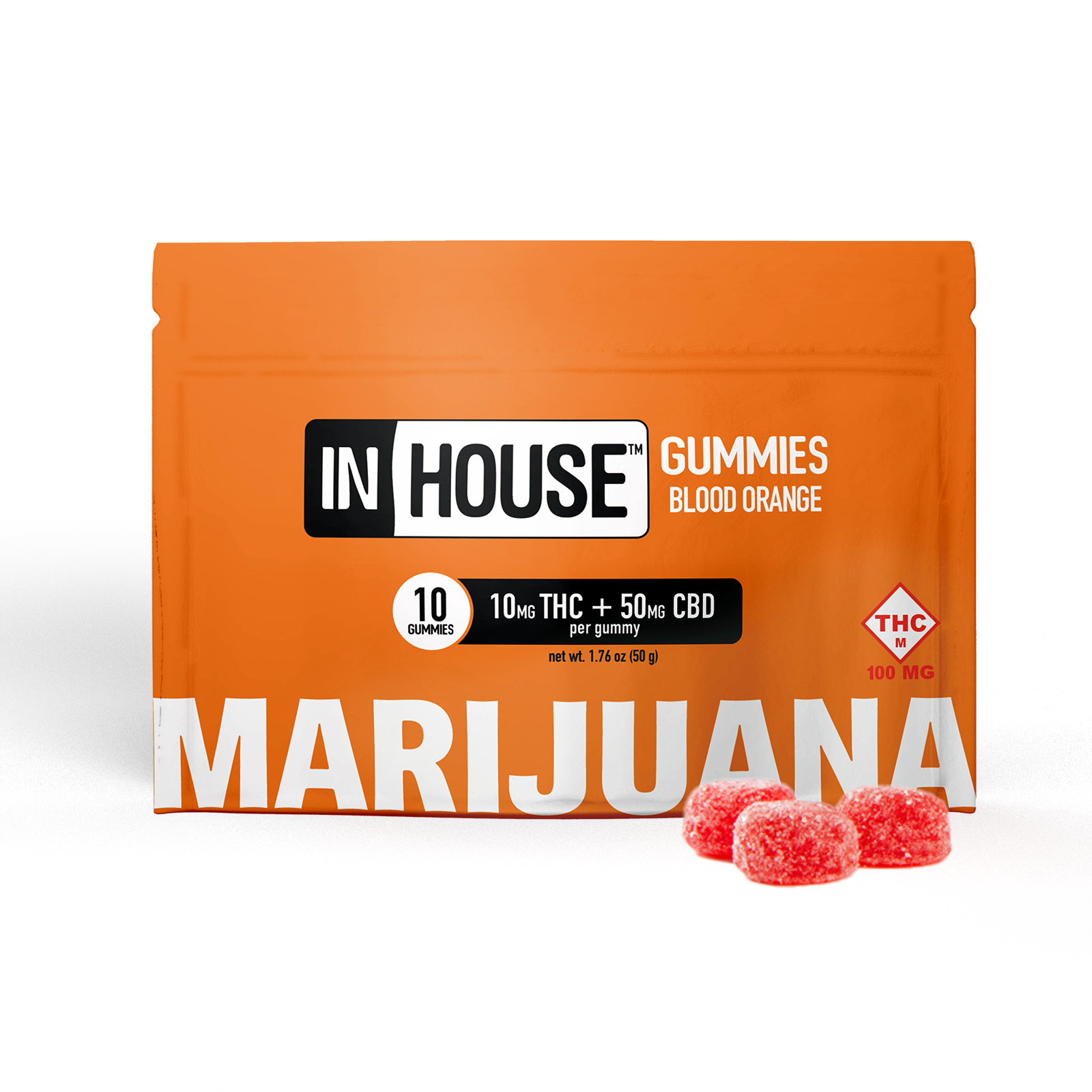 Photograph of product: INHOUSE - GUMMIES - 500MG CBD / 100MG TH-oui - 10PK - BLOOD ORANGE