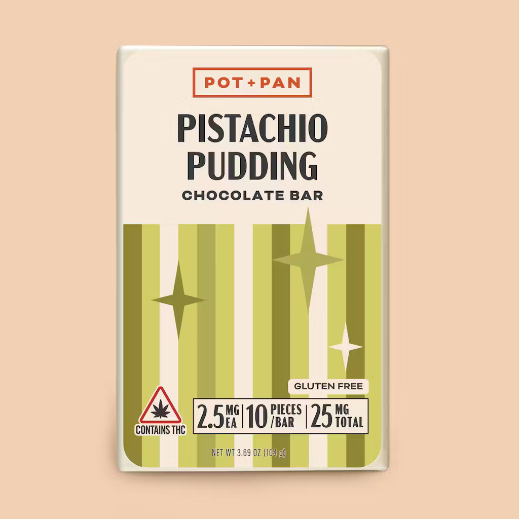 Photograph of product: Pot+Pan - Pistachio Pudding - Chocolate Bar - 25mg