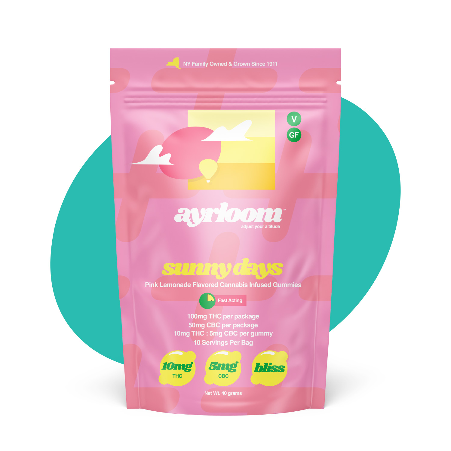 Photograph of Product: Ayrloom | Pink Lemonade "Sunny Days" | 2:1 10MG THC : 5MG CBC 10 Pack