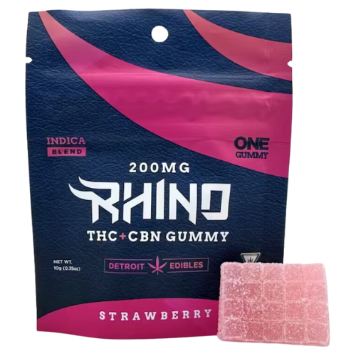 Photograph of Product: Detroit Edible Company Strawberry Rhino Single Serve Gummy 200mg THC : 50mg CBN