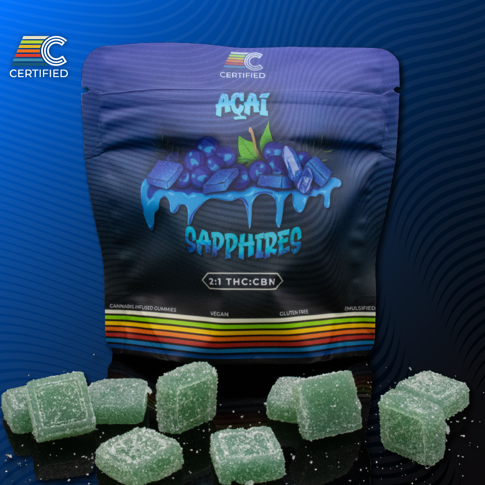 Photograph of Product: Certified | 100mg | Edibles | Gummies | 10 Pack | 2:1 CBN:THC | Acai Sapphires