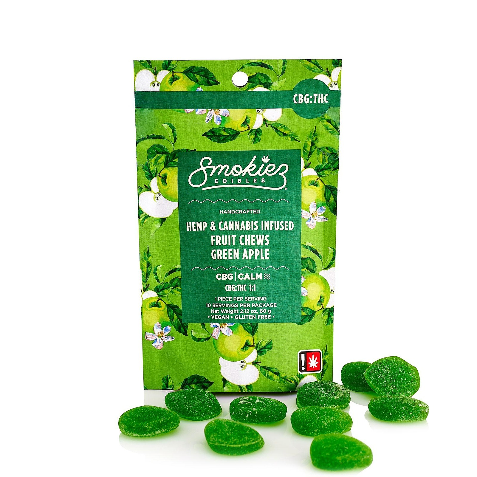 Photograph of product: Smokiez > Fruit Chews 10pk > 100mg > Sweet Green Apple > TH-oui:CBG 1:1 > Hybrid
