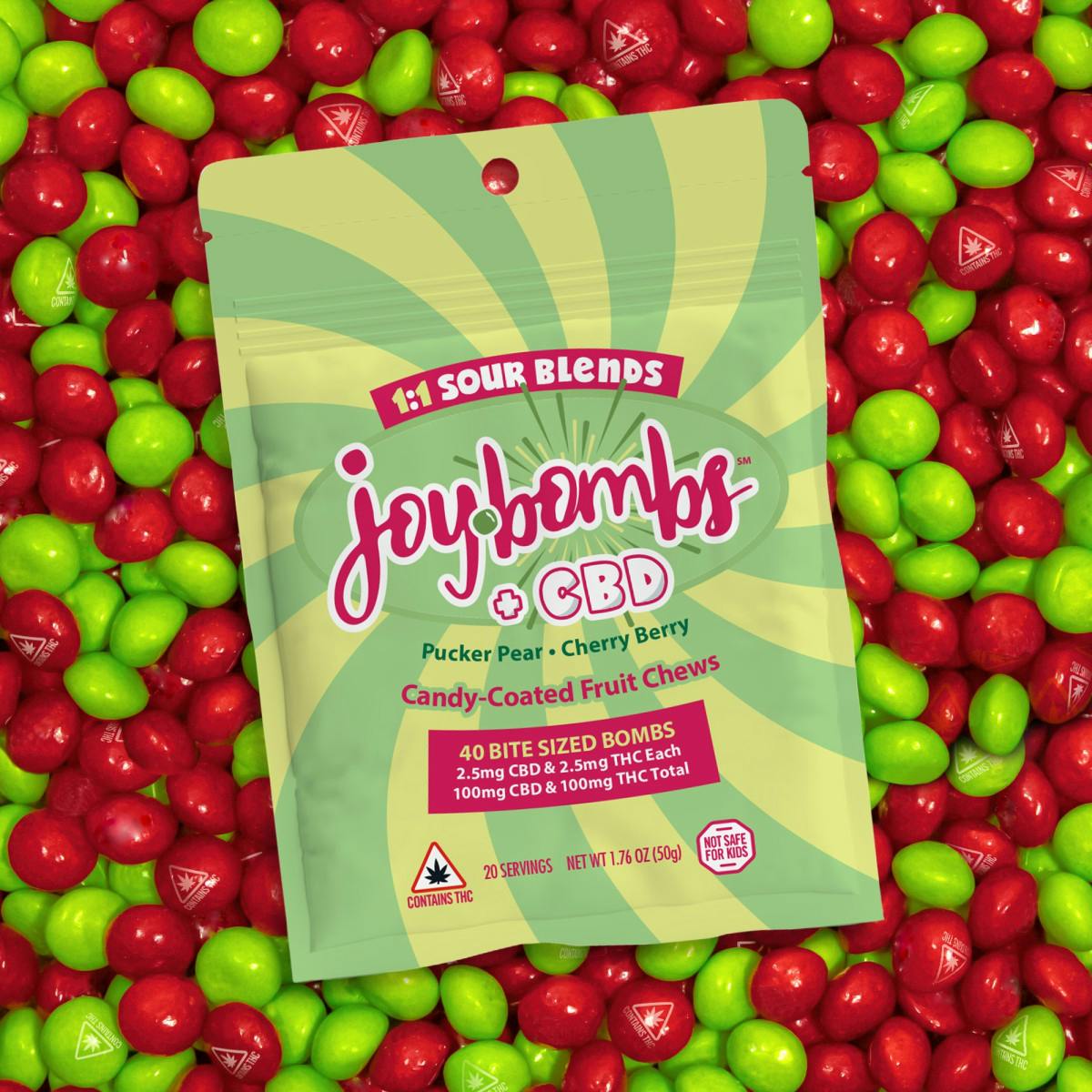 Photograph of product: 100MG Joy Bomb Sour Blends 1:1 40pk