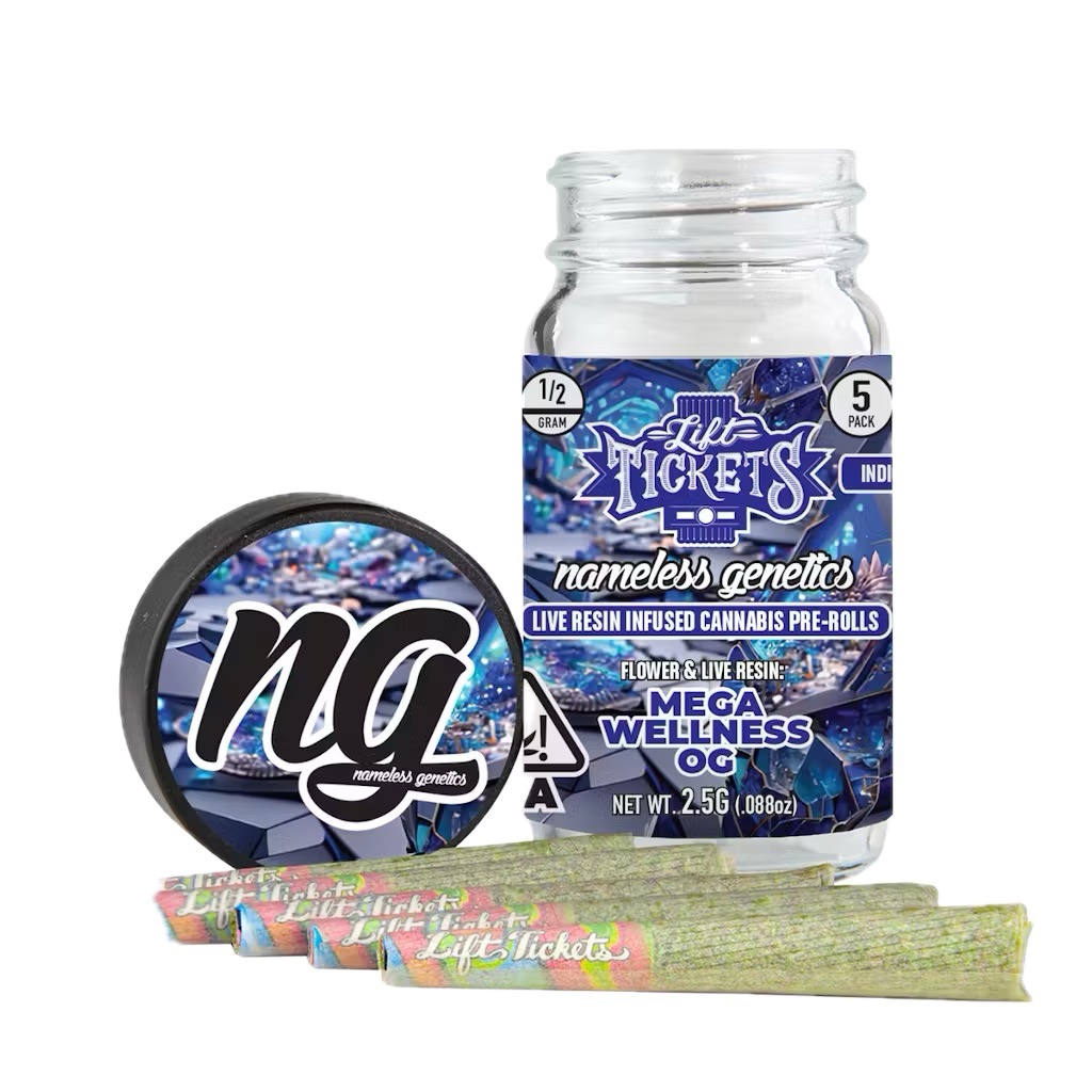 Photograph of product: LIFT TICKETS X NAMELESS GENETICS: MEGA WELLNESS OG INFUSED PREROLL 5PK