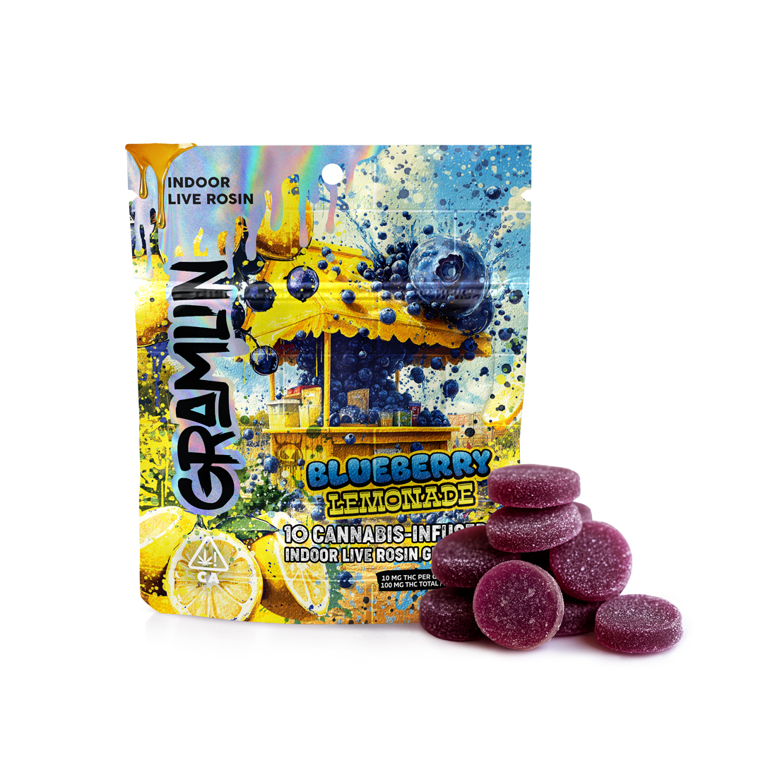 Photograph of product: GRAMLIN INDOOR LIVE ROSIN GUMMIES EDIBLE - BLUEBERRY LEMON HYBRID 100MG (10CT)