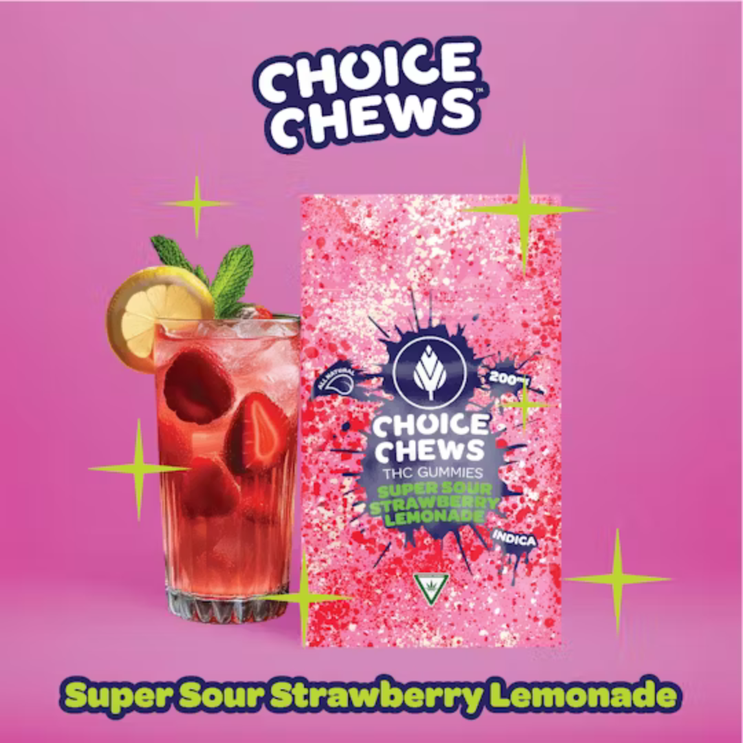 Photograph of product: Choice Chews | 200mg Gummies | Super Sour Strawberry Lemonade