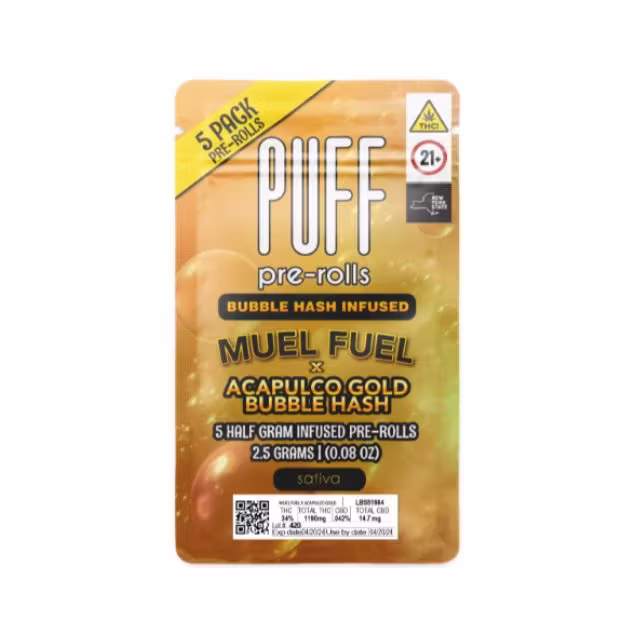 Photograph of product: Puff Bubble au chocolat Infused Pre-Rolls 5pk - Mule Fuel x Acapulco Gold