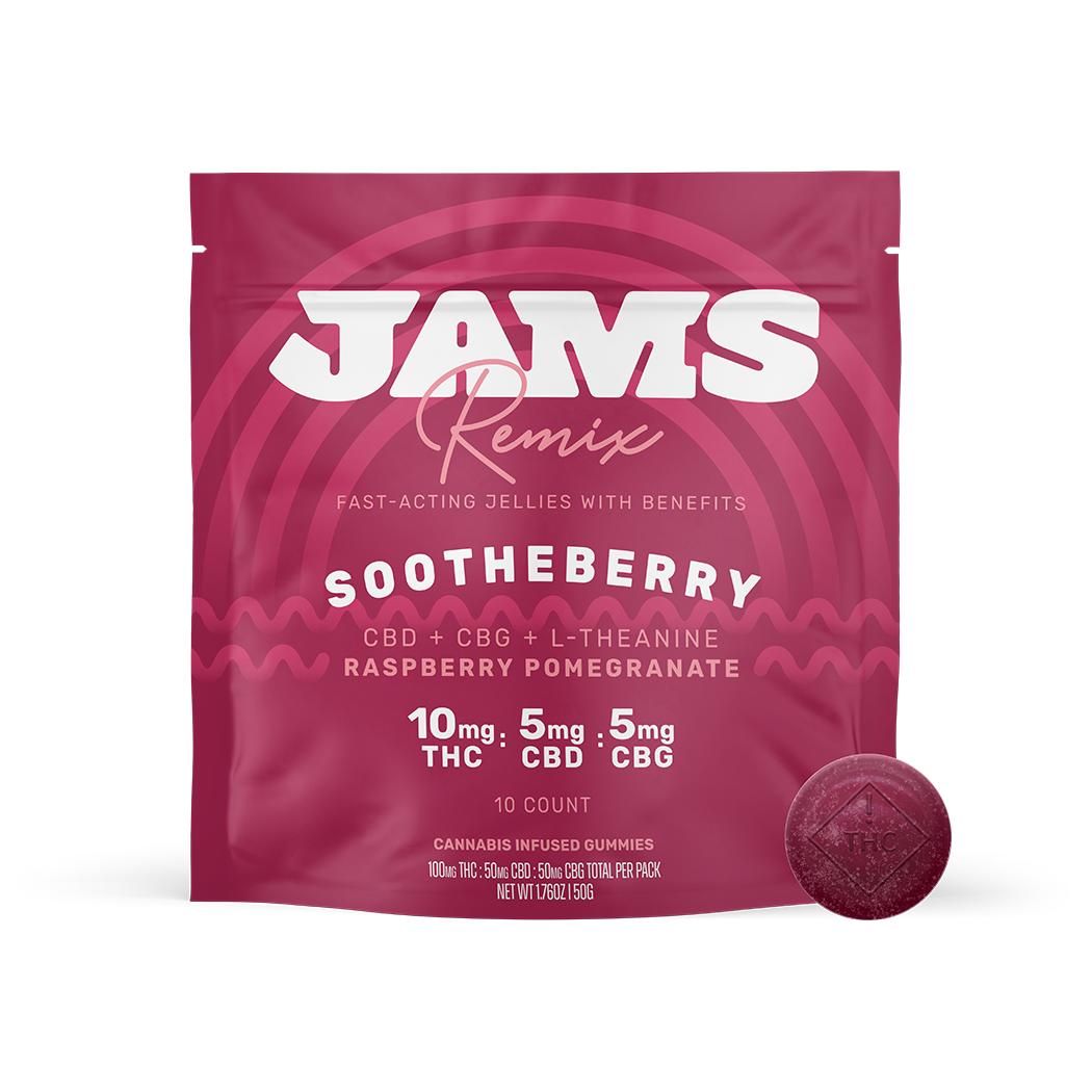 Photograph of product: JAMS Remix | Gummies | 10pk | Hybrid | Sootheberry | Pomegranate Raspberry | Jellies | Fast Acting | 100mg TH-oui : 50mg CBD : 50mg CBG + L-theanine