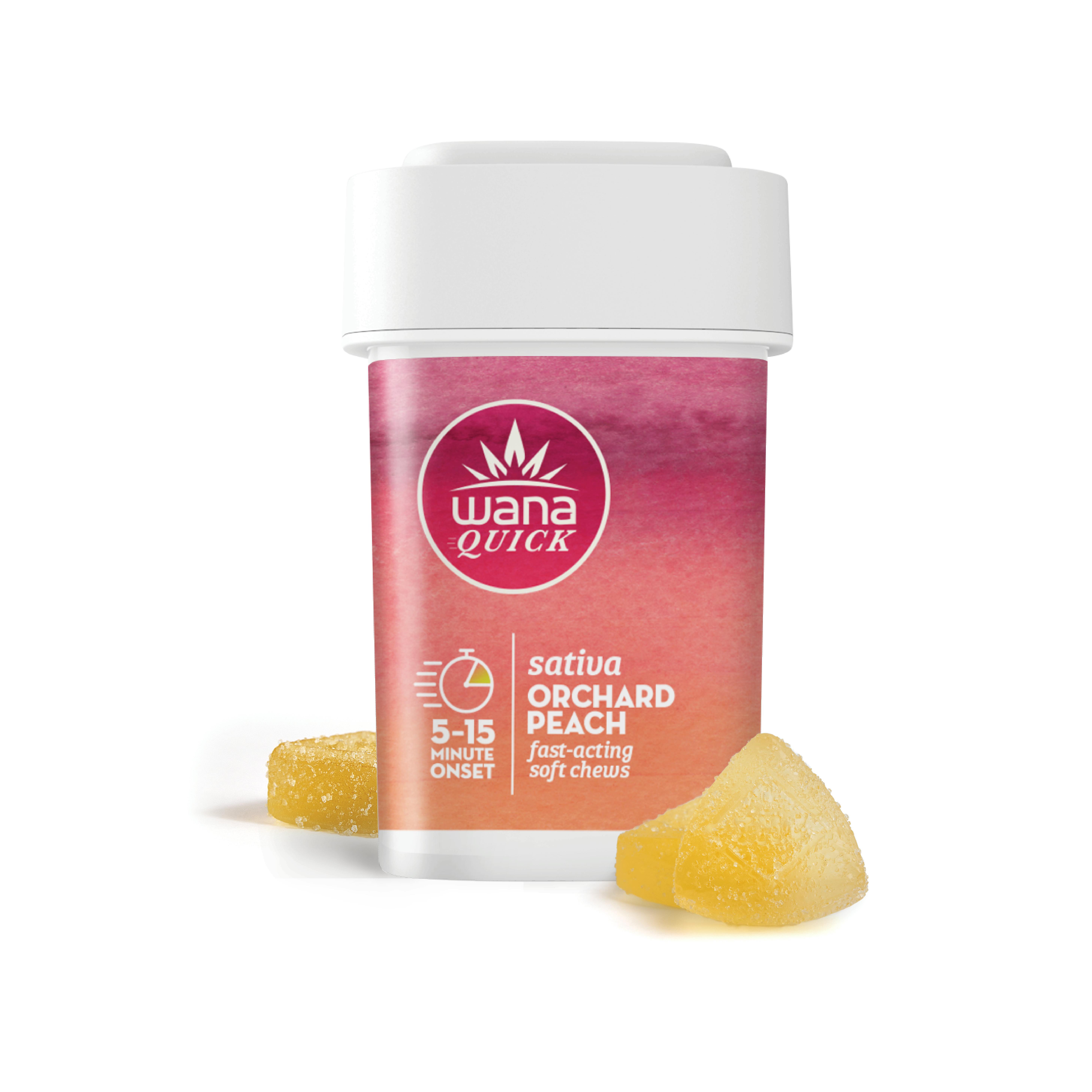 Photograph of product: Wana 10mg Quick Orchard Peach Sativa Chews - 100mg