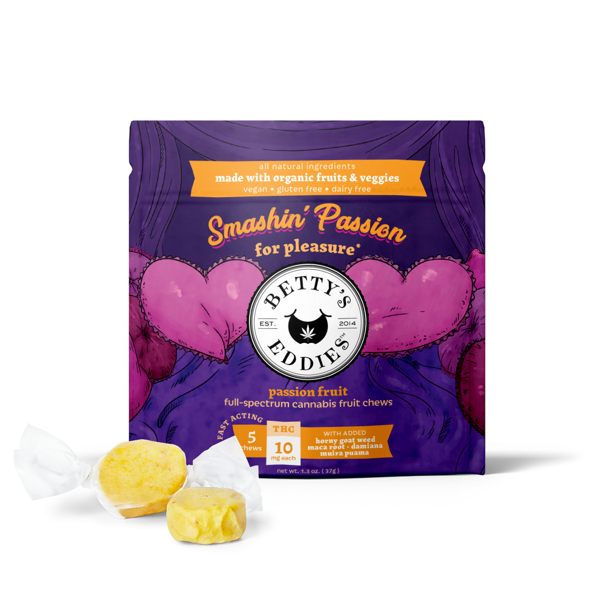 Photograph of product: BETTY'S EDDIES Smashin Passion Medicated Chews | 100mg 10pk