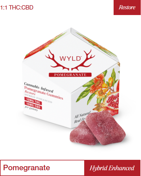 Photograph of product: Wyld | Pomegranate | 1:1 CBD + Hybrid Enhanced Gummies