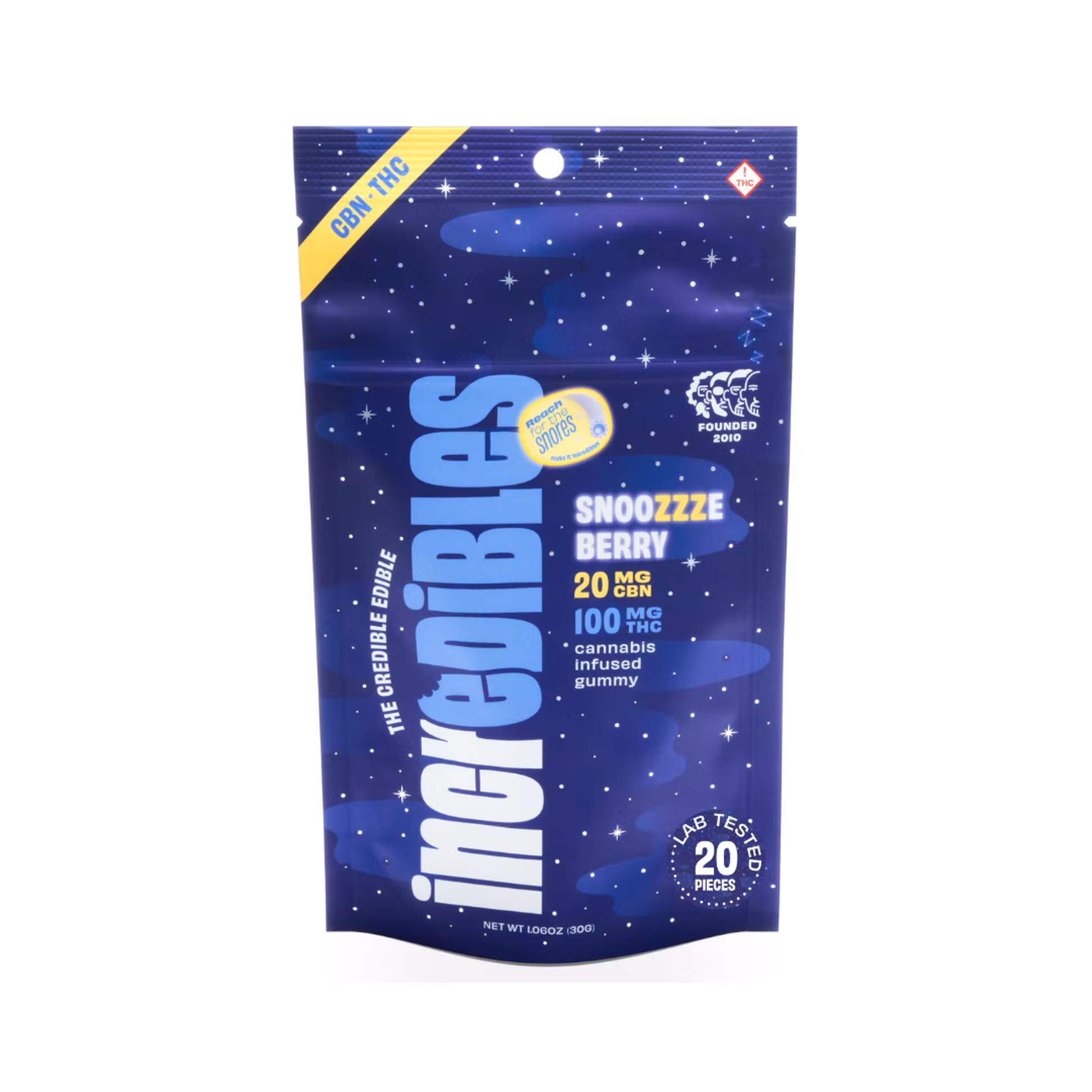 Photograph of product: Incredibles Snoozzzeberry 5:1 TH-oui:CBN Gummies 5mg 20pc