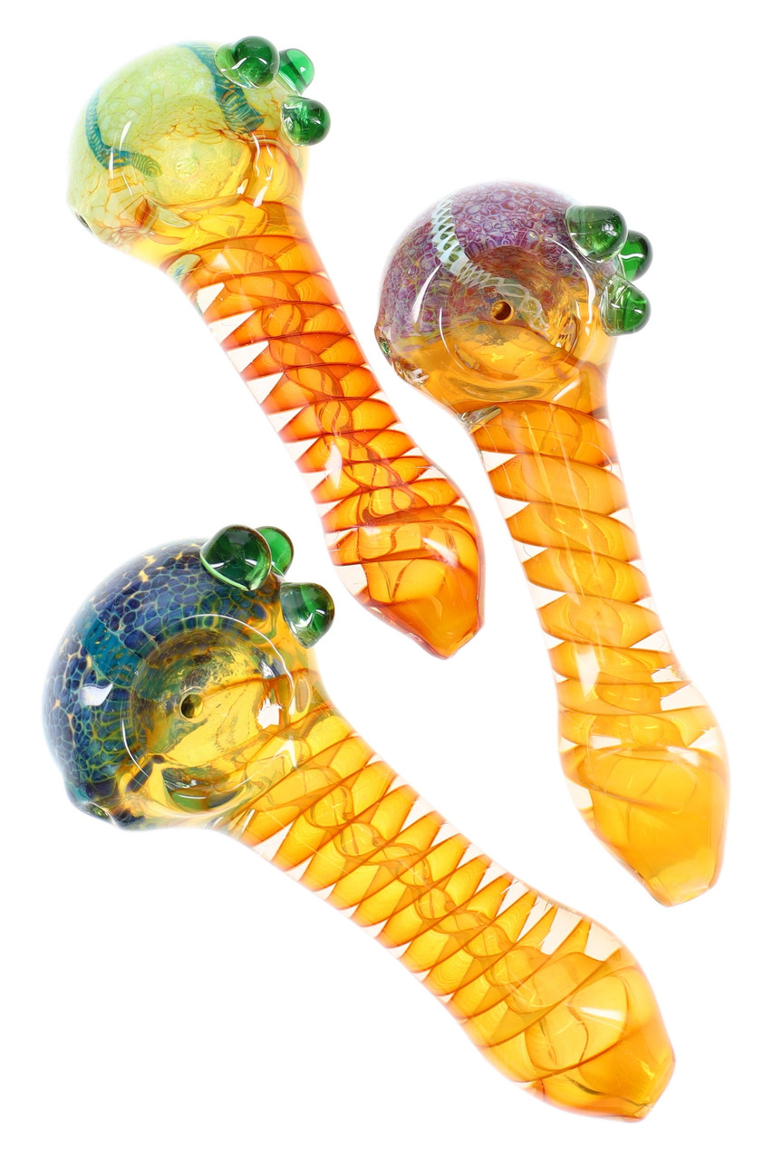 Photograph of product: 4.5" GOLD FUMED SPIRAL FRIT STRIPED GLASS PIPE