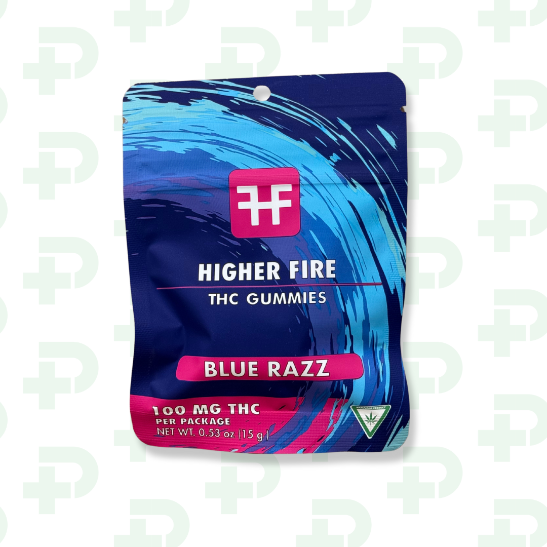 Photograph of product: Higher Fire 100mg Gummies - Blue Raz
