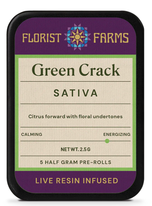 Photograph of product: Florist Farms | Green Crack | 0.5g Live Resin Infused Pre-rolls | 5pk
