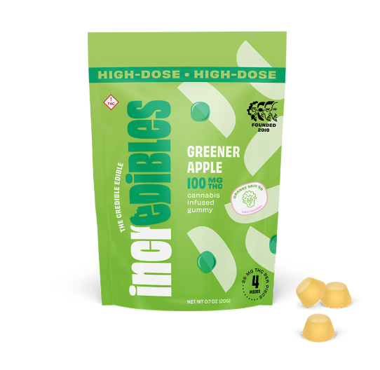 Photograph of product: Edible* - Incredibles - High Dose Greener Apple Gummies (H) - 100mg (4pk)