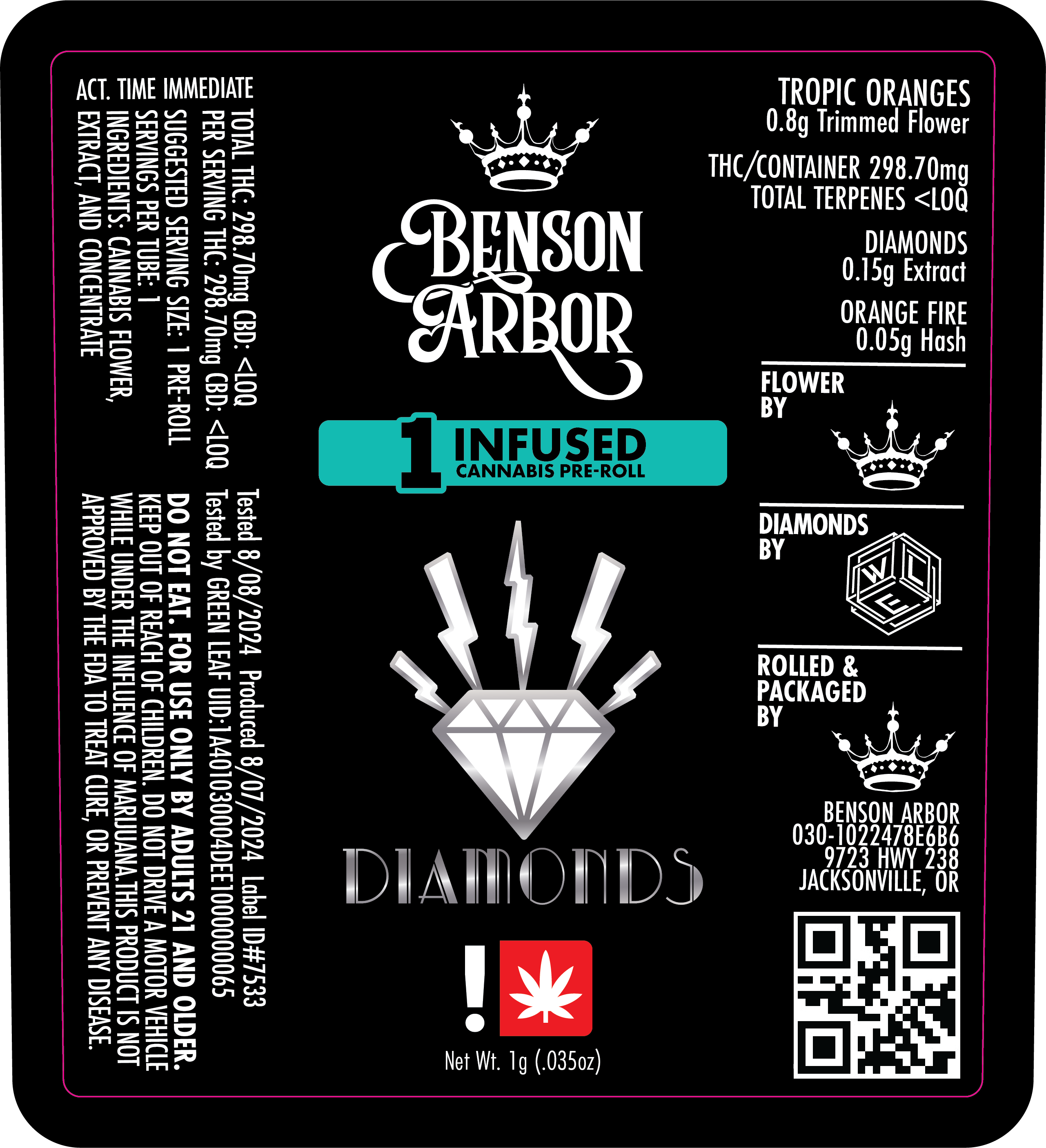 Photograph of product: Benson Arbor - Tropic Oranges (H) - Diamond Infused Pre Roll 1g